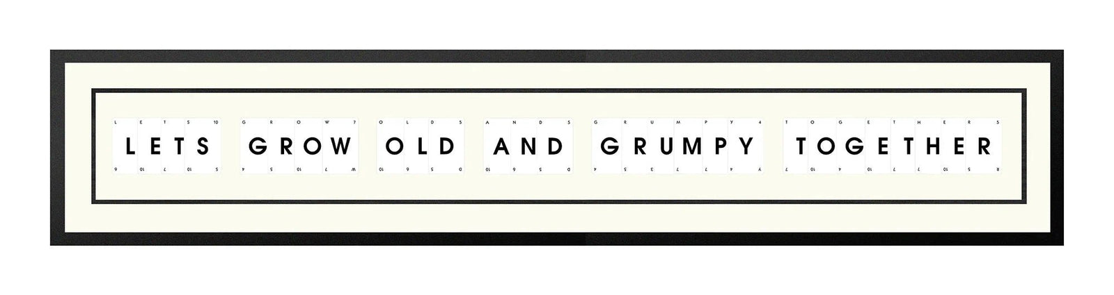 Handmade playing card picture frame spelling 'Lets Grow Old And Grumpy Together' – framed quote wall art made in the UK.