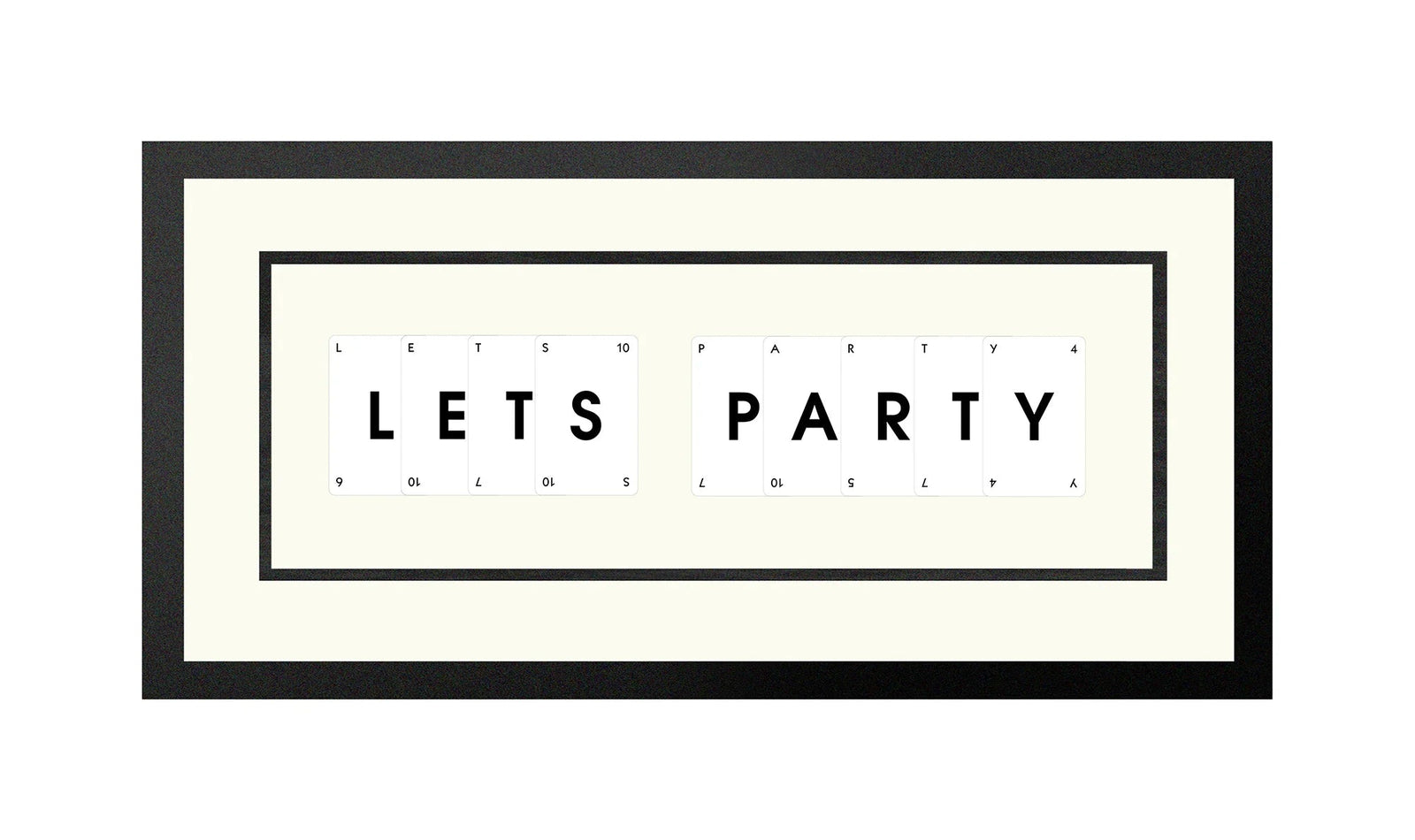 Handmade playing card picture frame spelling 'Lets Party' – framed quote wall art made in the UK.