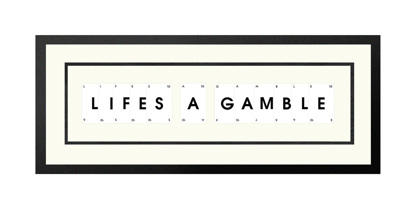 Handmade playing card picture frame spelling 'Lifes A Gamble' – framed quote wall art made in the UK.