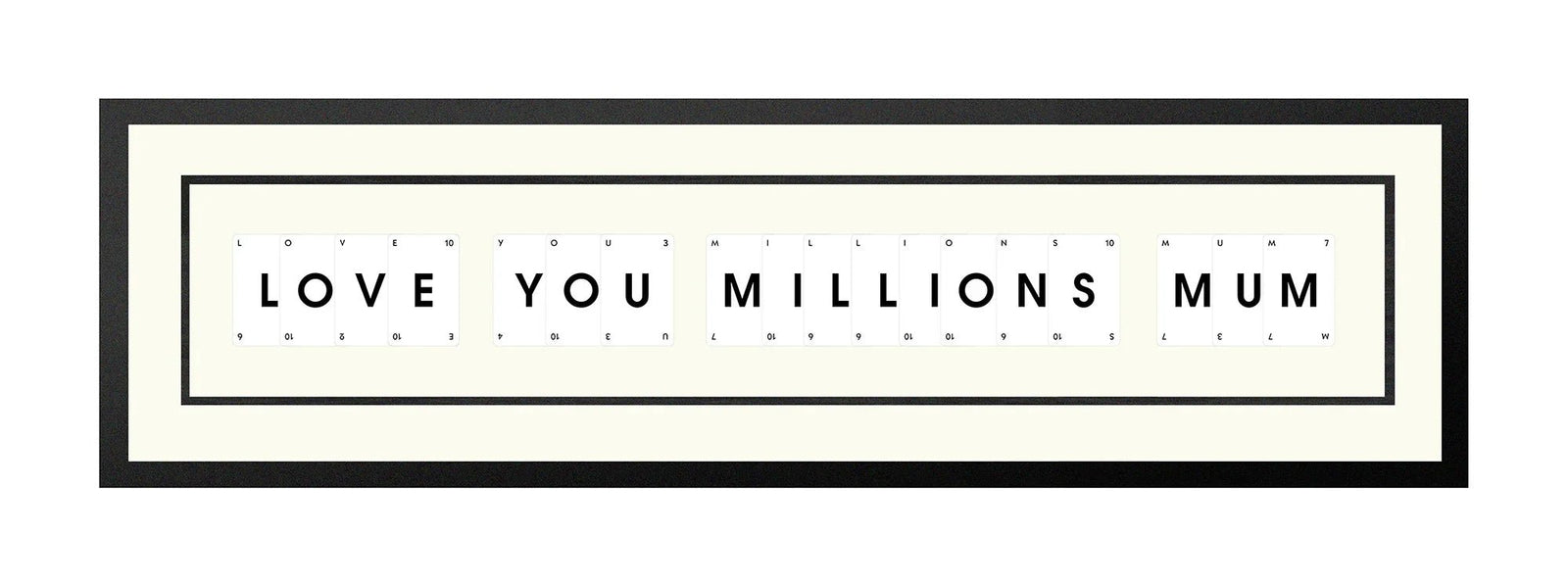 Handmade playing card picture frame spelling 'Love You Millions Mum' – framed quote wall art made in the UK.