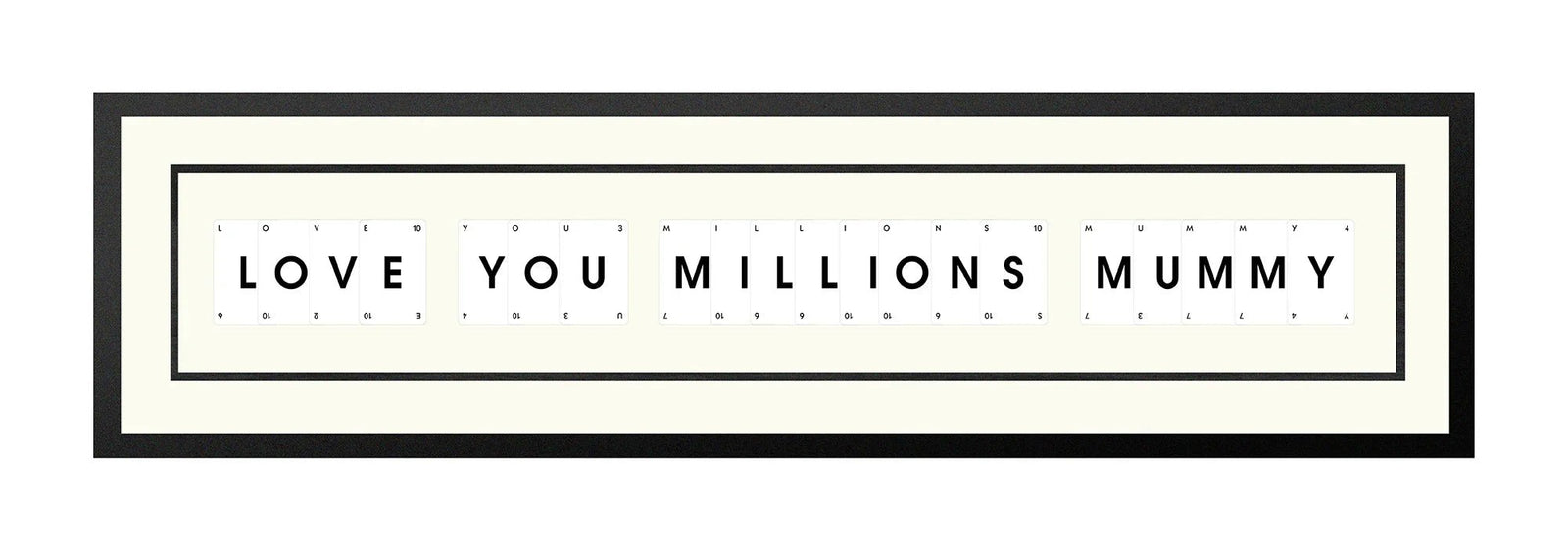 Handmade playing card picture frame spelling 'Love You Millions Mummy' – framed quote wall art made in the UK.