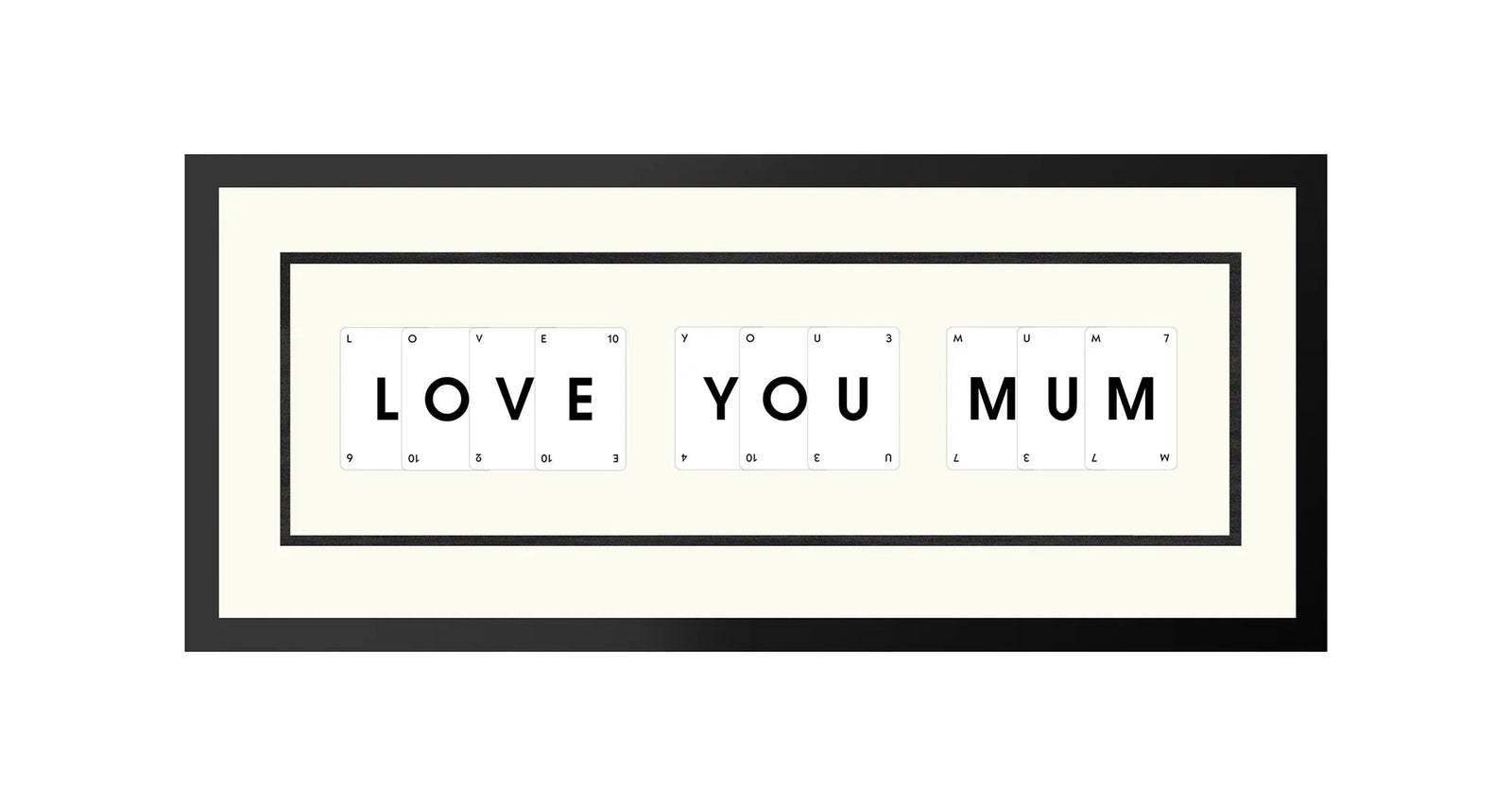Handmade playing card picture frame spelling 'Love You Mum' – framed quote wall art made in the UK.