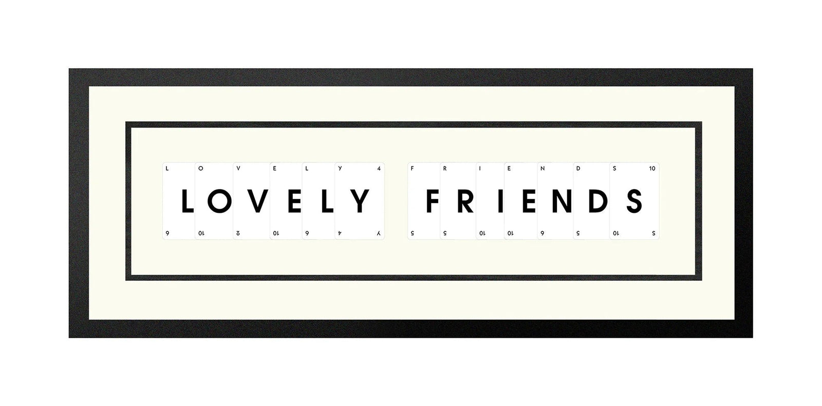 Handmade playing card picture frame spelling 'Lovely Friend' – framed quote wall art made in the UK.
