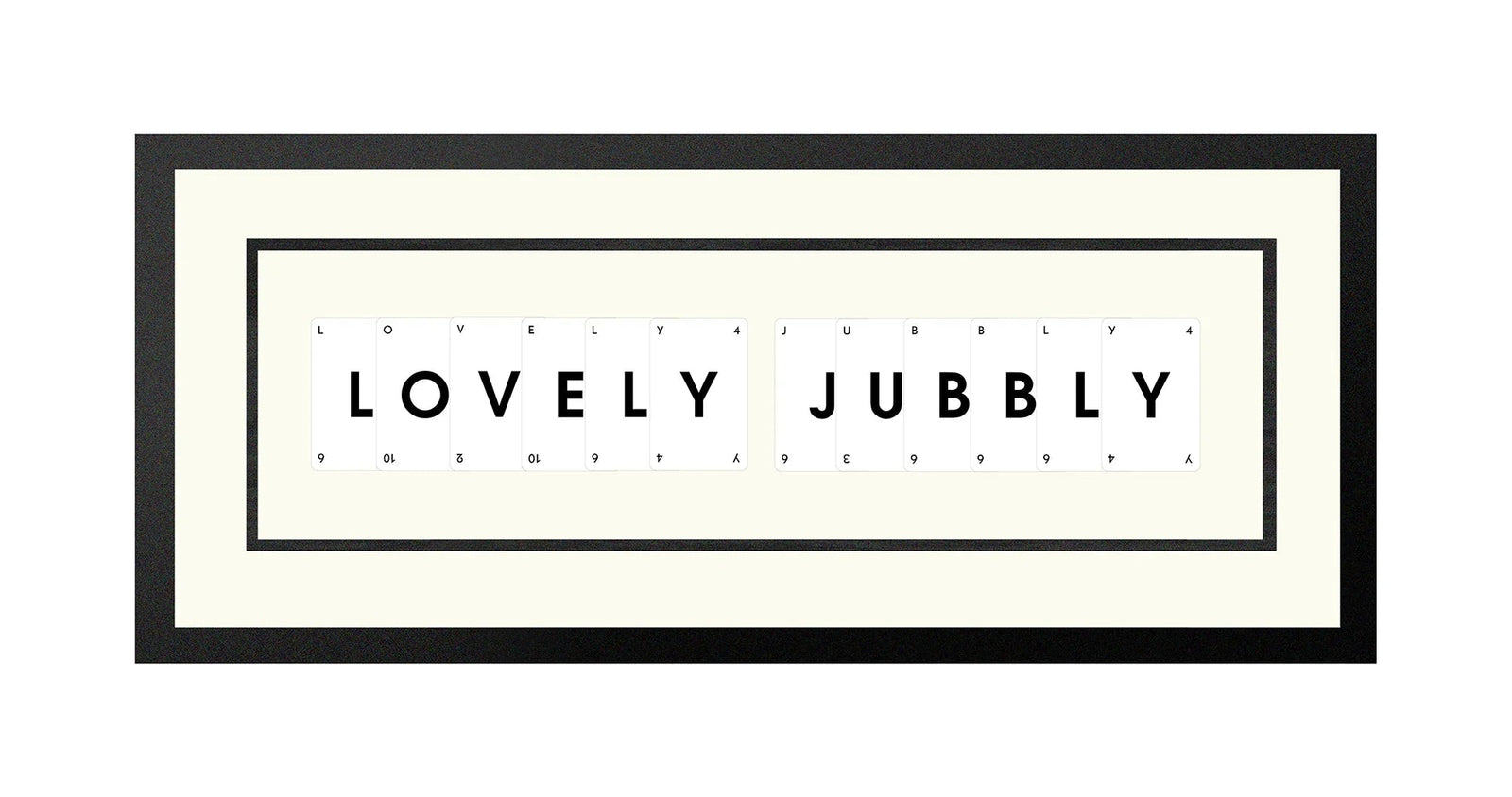Handmade playing card picture frame spelling 'Lovely Jubbly' – framed quote wall art made in the UK.