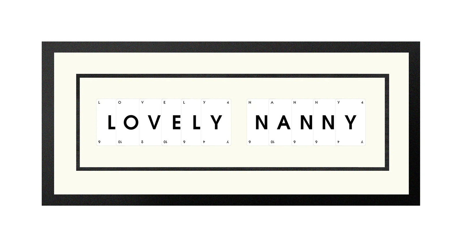 Handmade playing card picture frame spelling 'Lovely Nanny' – framed quote wall art made in the UK.