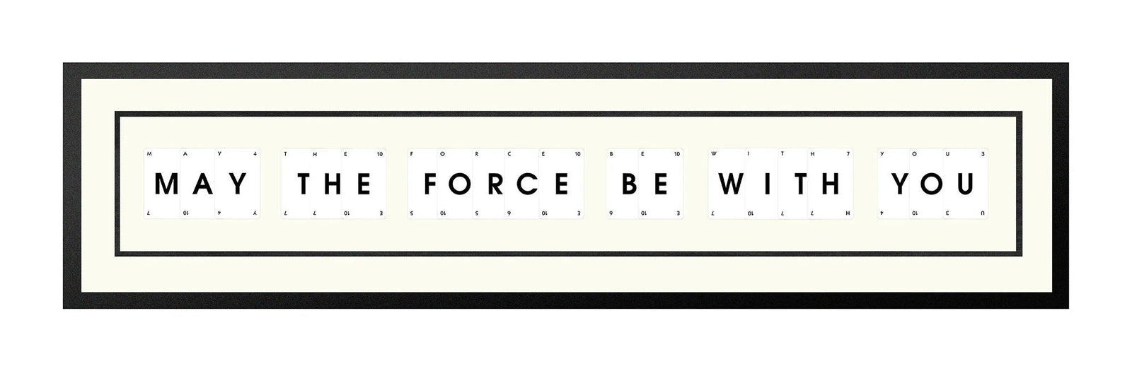 Handmade playing card picture frame spelling 'May The Force Be With You' – framed quote wall art made in the UK.