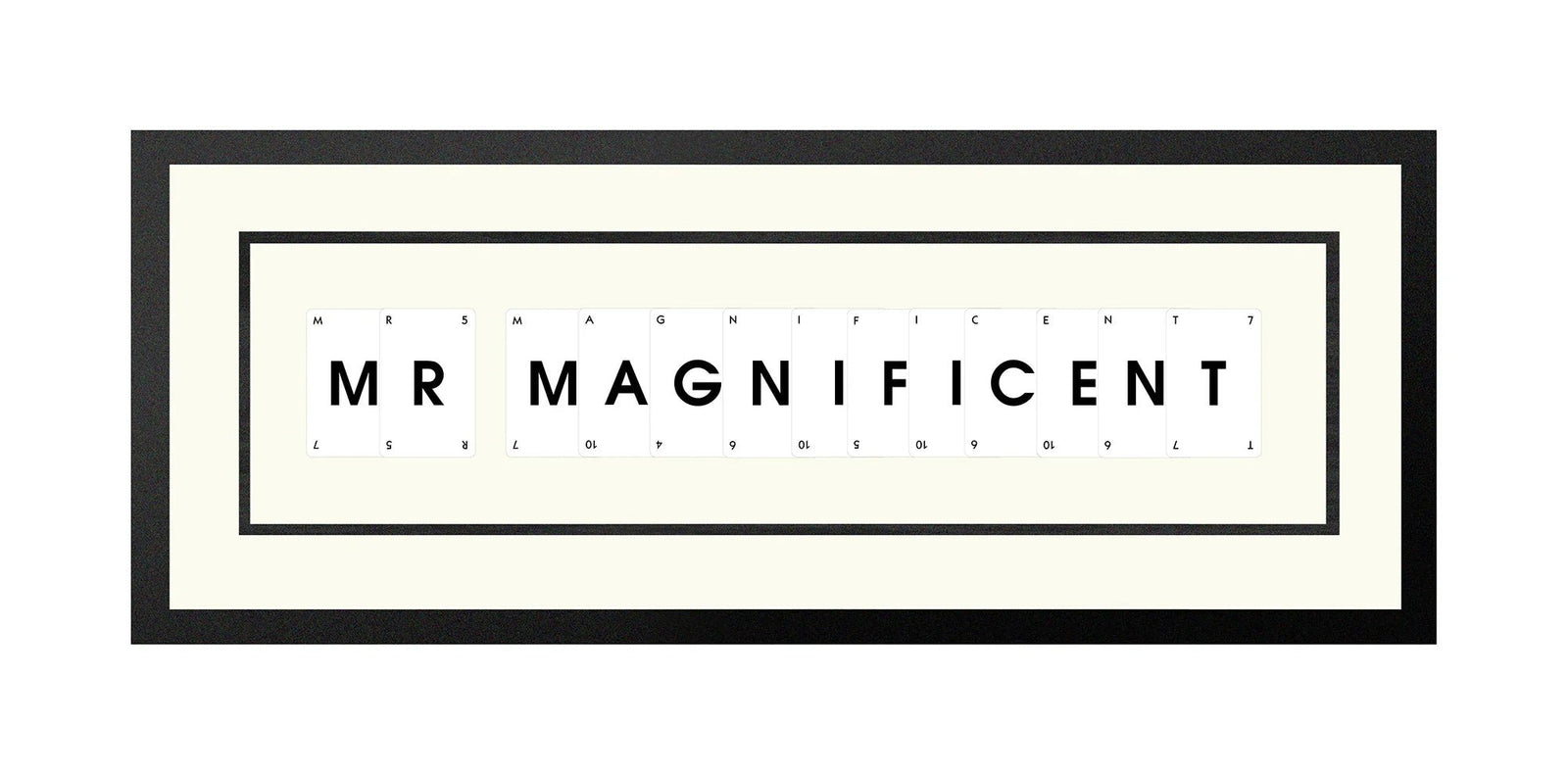 Handmade playing card picture frame spelling 'Mr Magnificent' – framed quote wall art made in the UK.