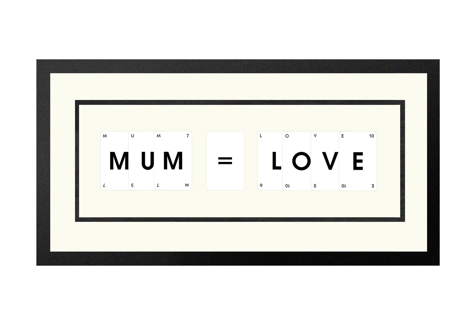 Handmade playing card picture frame spelling 'Mum Love' – framed quote wall art made in the UK.