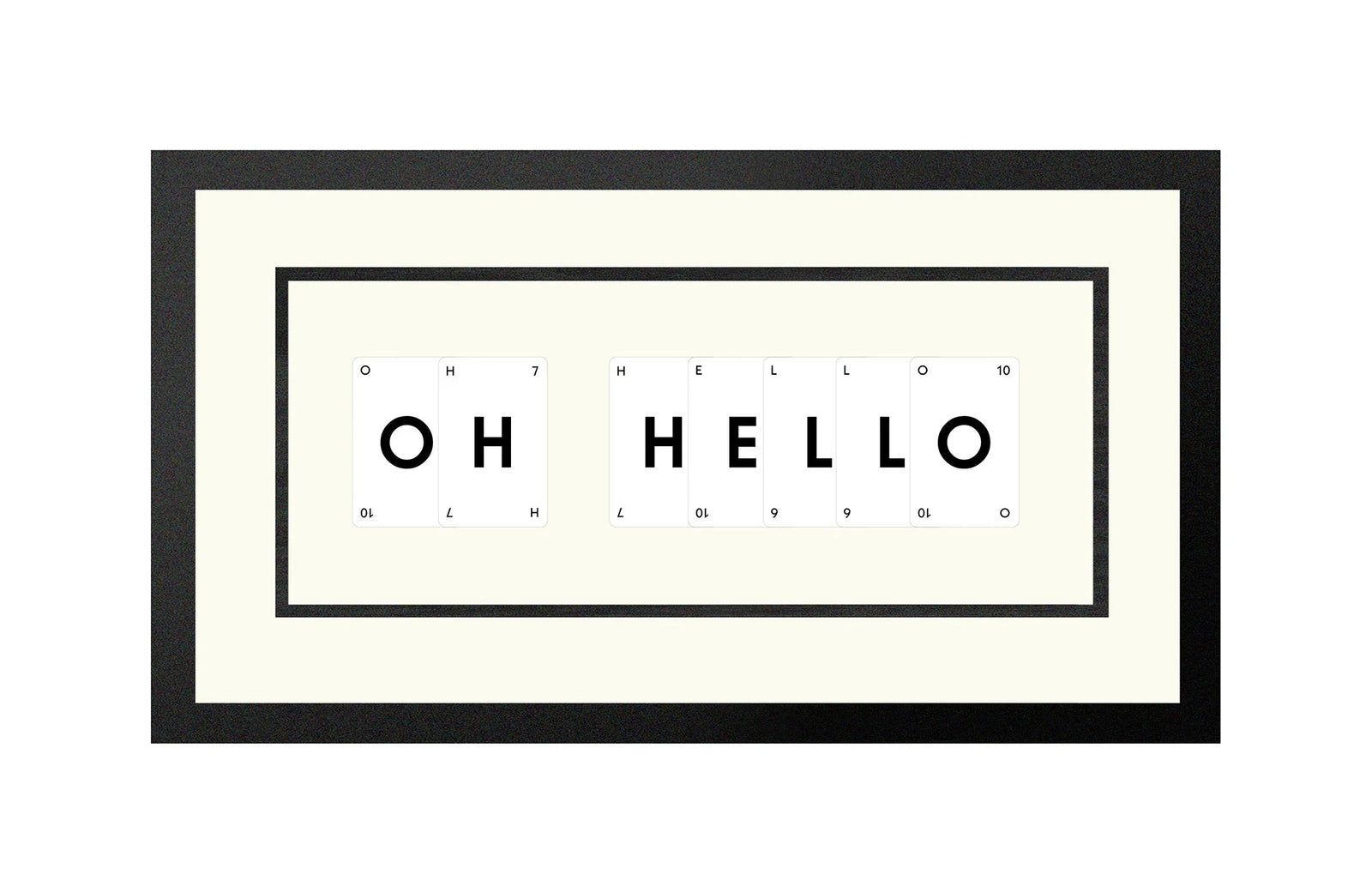 Handmade playing card picture frame spelling 'Oh Hello' – framed quote wall art made in the UK.
