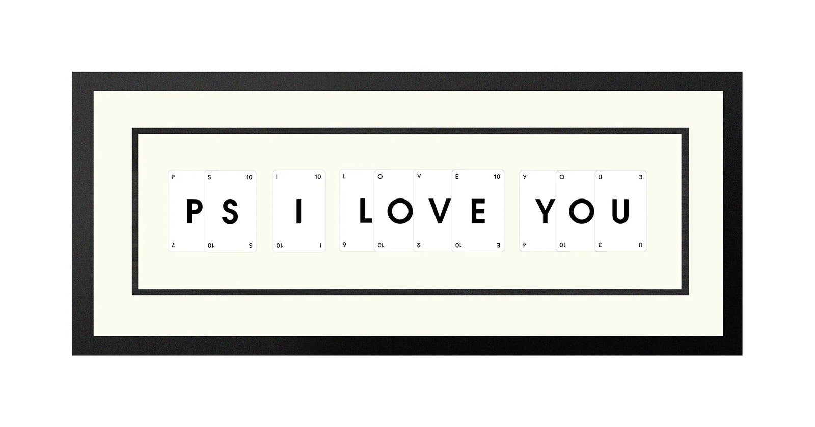 Handmade playing card picture frame spelling 'Ps I Love You' – framed quote wall art made in the UK.