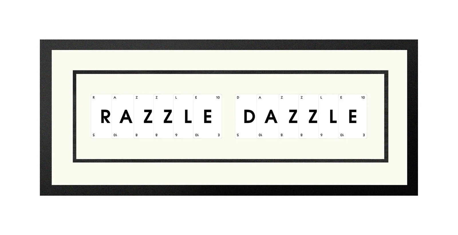 Handmade playing card picture frame spelling 'Razzle Dazzle' – framed quote wall art made in the UK.