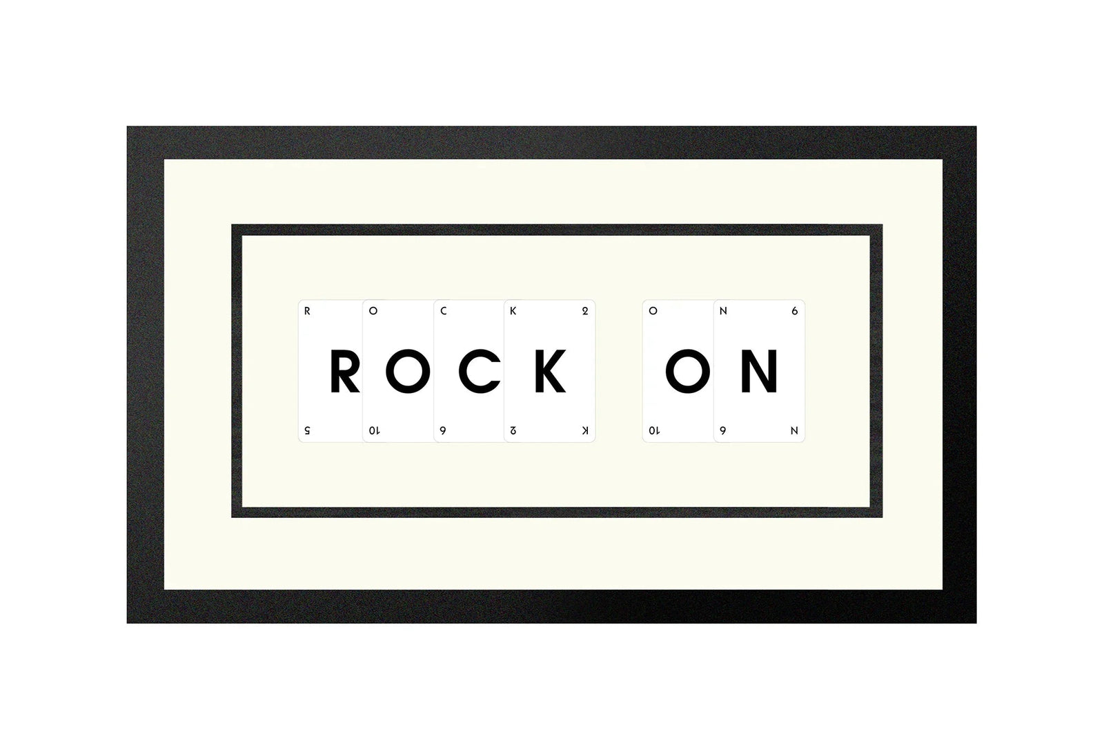Handmade playing card picture frame spelling 'Rock On' – framed quote wall art made in the UK.