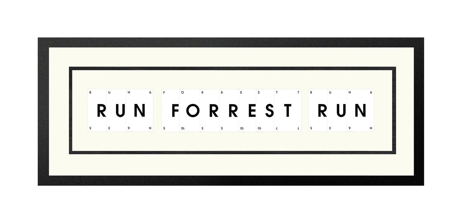Handmade playing card picture frame spelling 'Run Forrest Run' – framed quote wall art made in the UK.