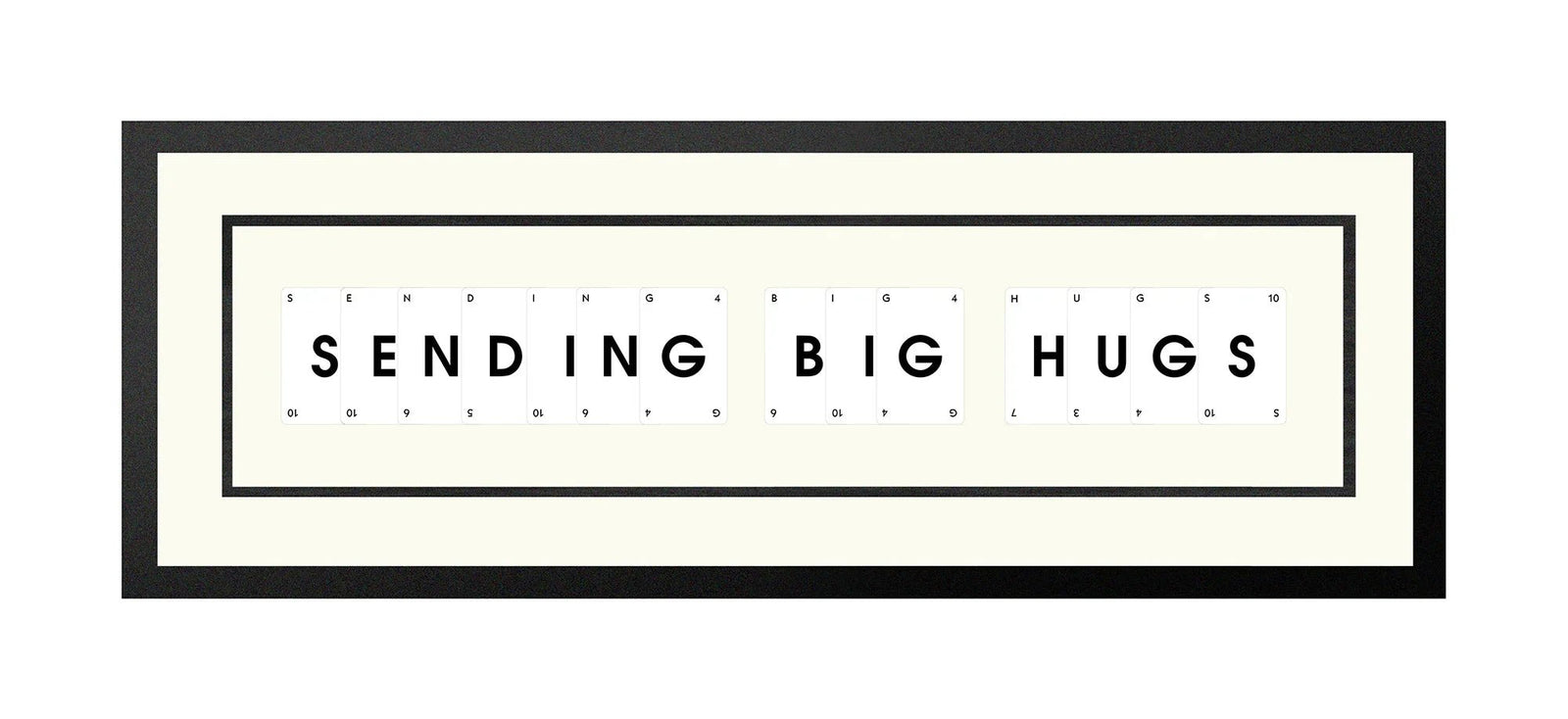 Handmade playing card picture frame spelling 'Sending Big Hugs' – framed quote wall art made in the UK.
