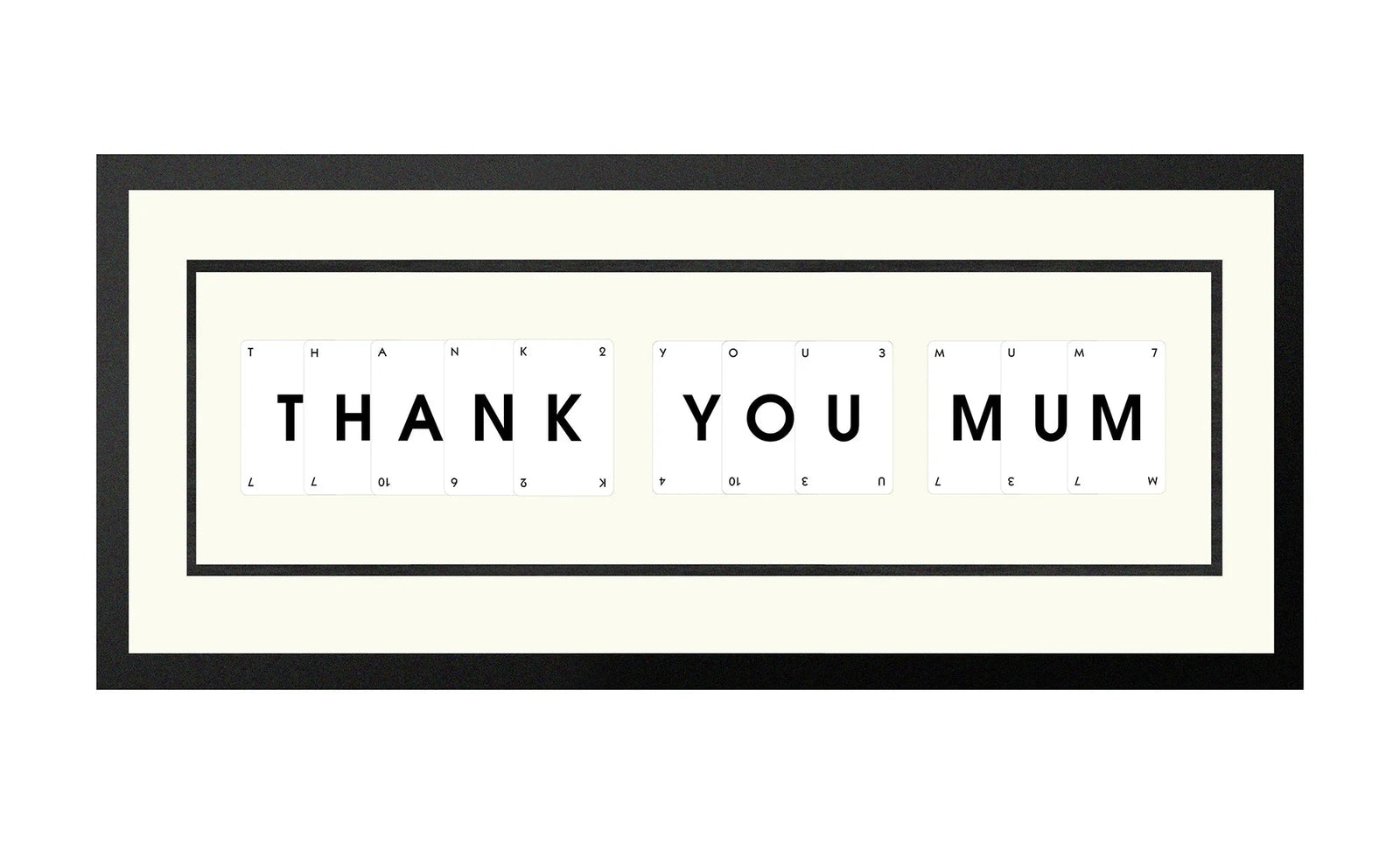 Handmade playing card picture frame spelling 'Thankyou Mum' – framed quote wall art made in the UK.