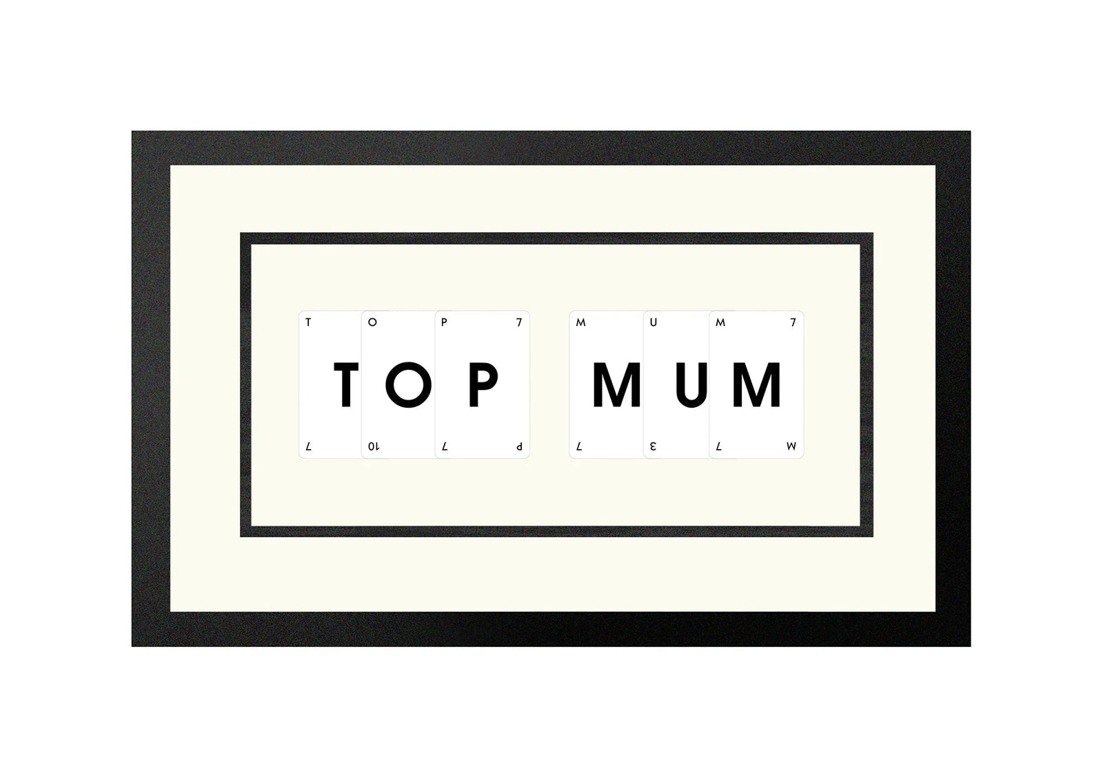 Handmade playing card picture frame spelling 'Top Mum' – framed quote wall art made in the UK.