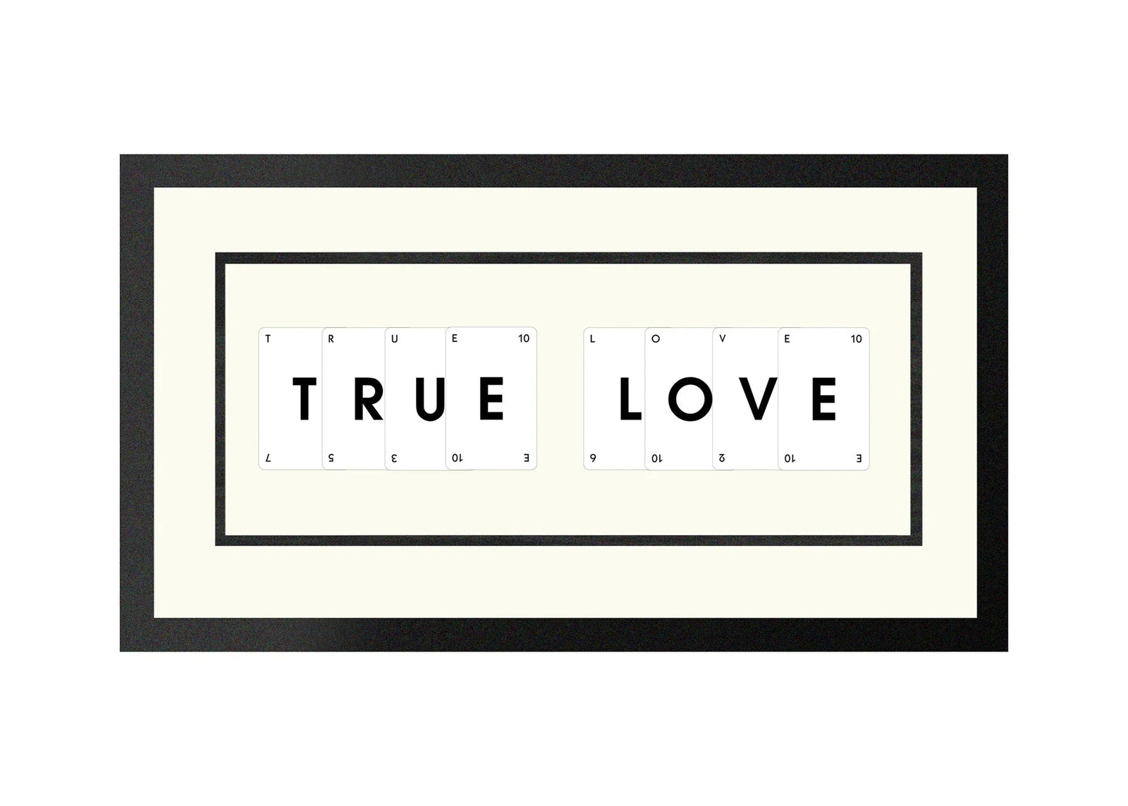 Handmade playing card picture frame spelling 'True Love' – framed quote wall art made in the UK.