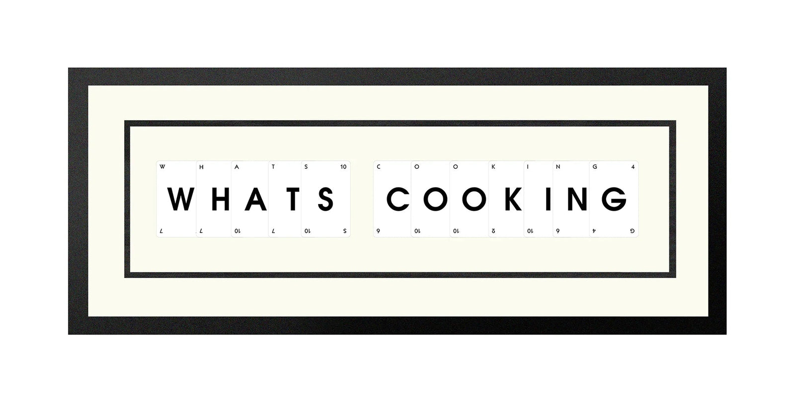 Handmade playing card picture frame spelling 'Whats Cooking' – framed quote wall art made in the UK.