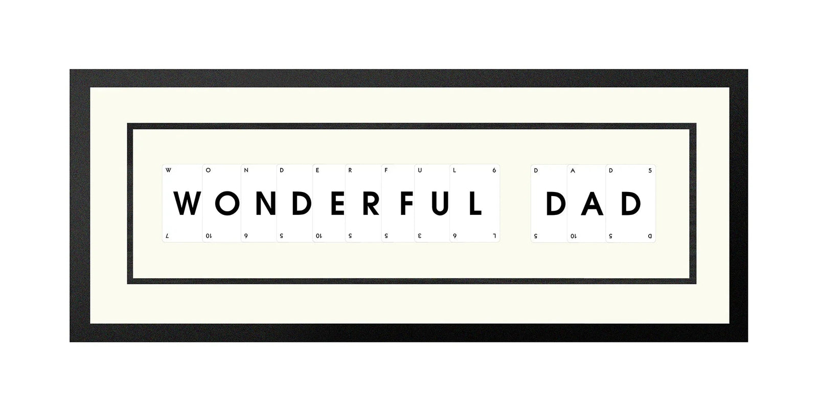 Handmade playing card picture frame spelling 'Wonderful Dad' – framed quote wall art made in the UK.