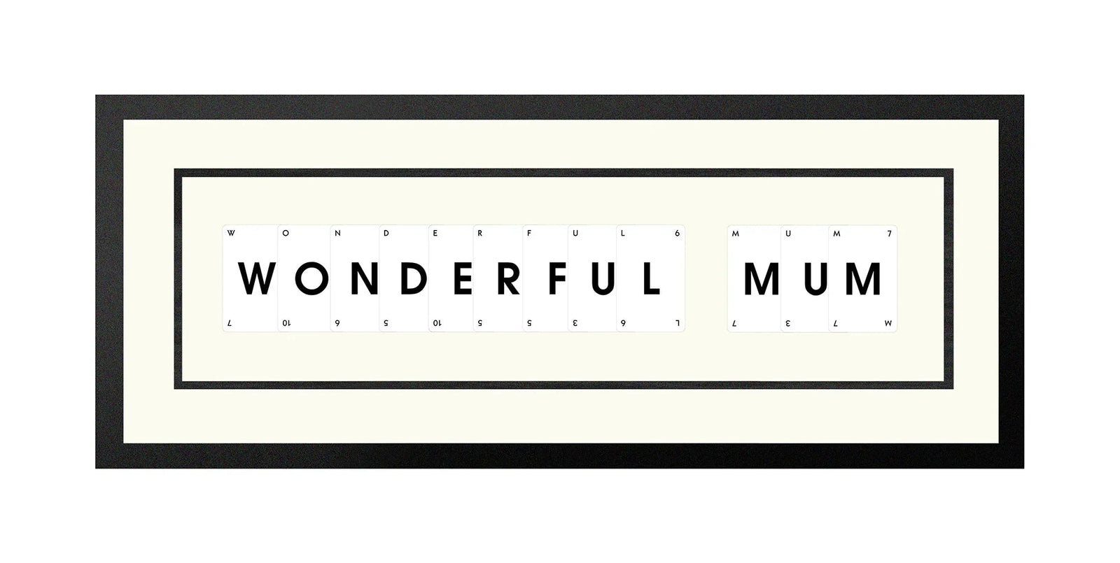Handmade playing card picture frame spelling 'Wonderful Mum' – framed quote wall art made in the UK.