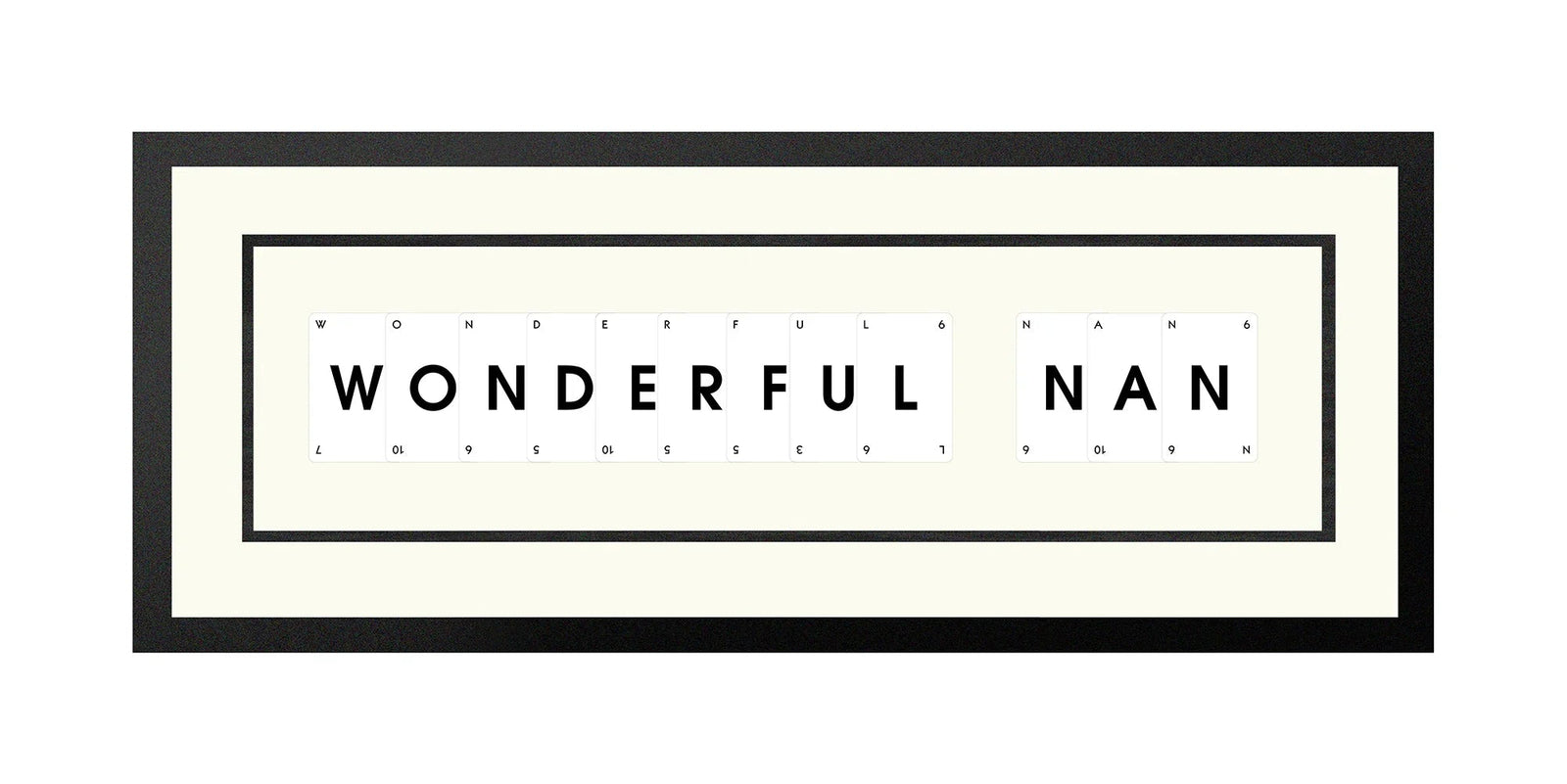 Handmade playing card picture frame spelling 'Wonderful Nan' – framed quote wall art made in the UK.