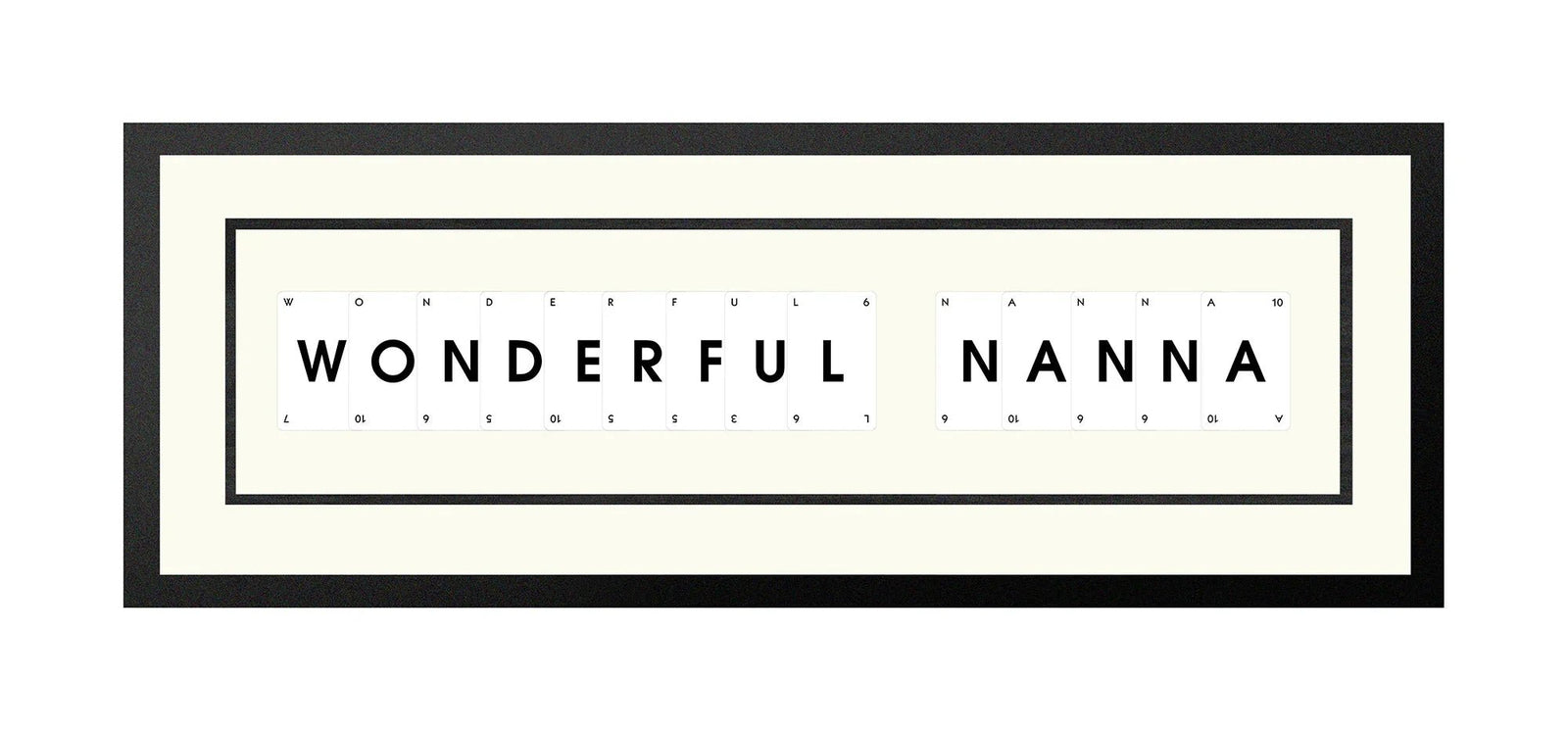 Handmade playing card picture frame spelling 'Wonderful Nanna' – framed quote wall art made in the UK.