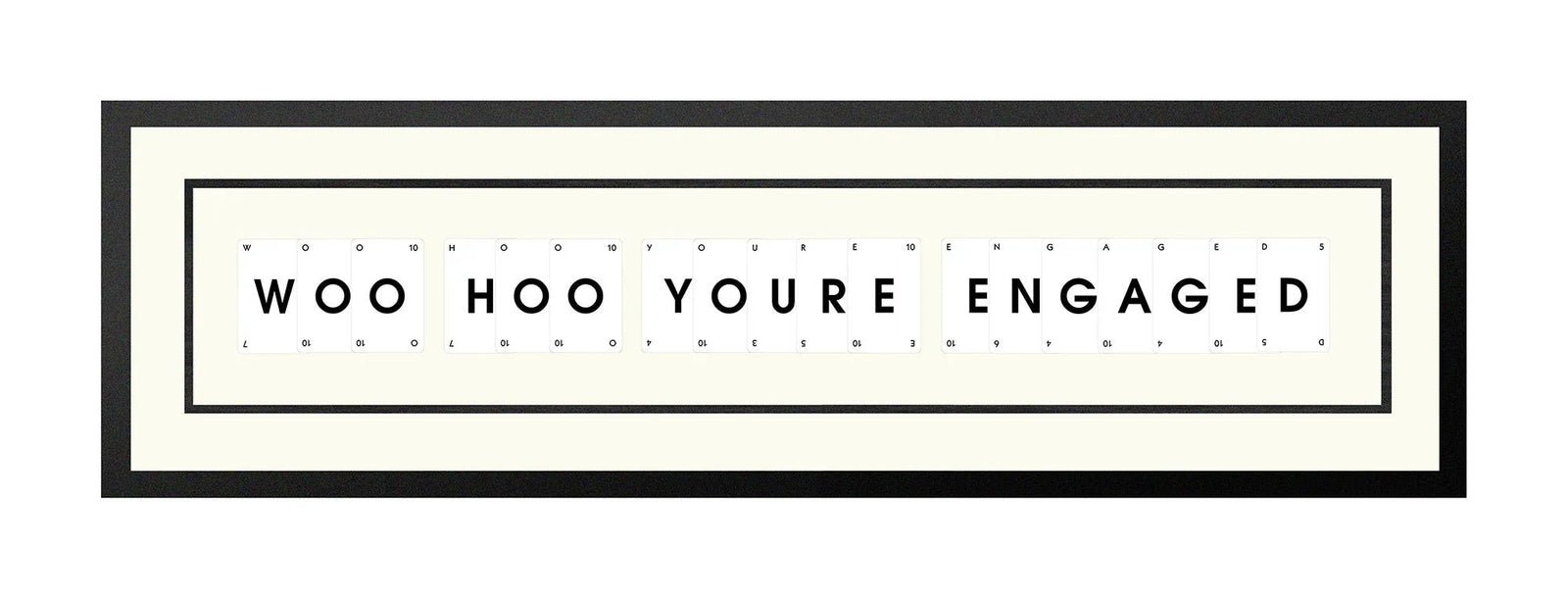 Handmade playing card picture frame spelling 'Woo Hoo Youre Engaged' – framed quote wall art made in the UK.