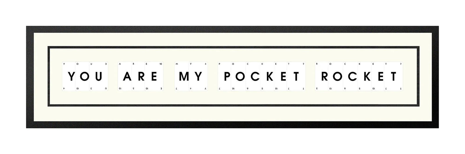 Handmade playing card picture frame spelling 'You Are My Pocket Rocket' – framed quote wall art made in the UK.