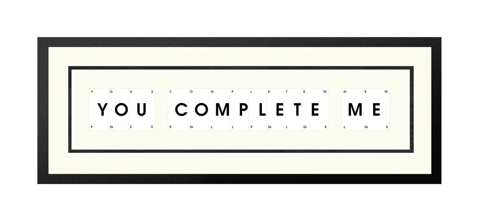 Handmade playing card picture frame spelling 'You Complete Me' – framed quote wall art made in the UK.