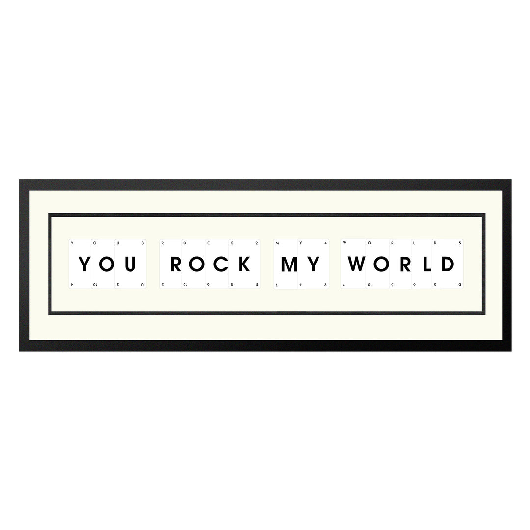 You Rock My World handmade playing card picture frame in a black frame with cream mount