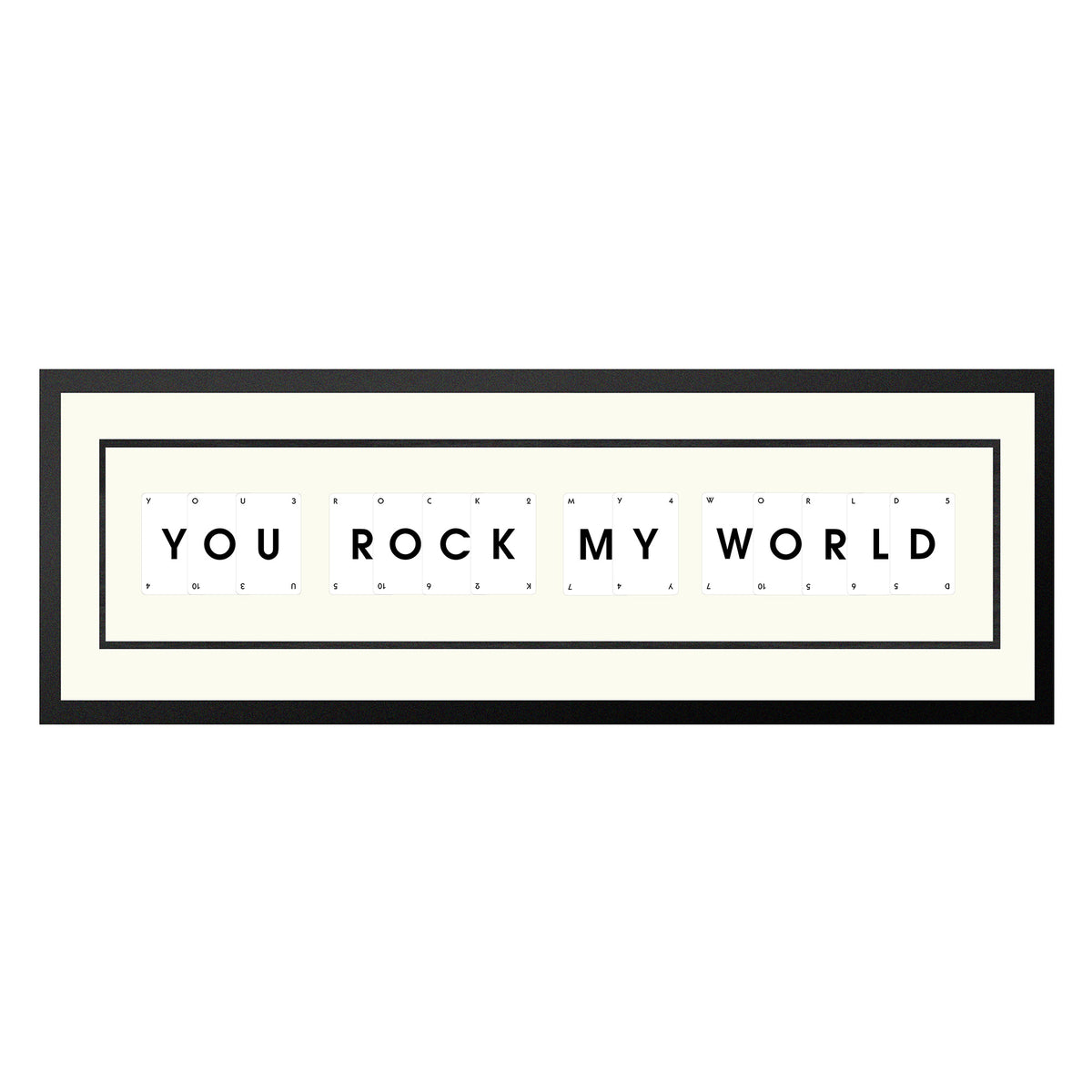 You Rock My World handmade playing card picture frame in a black frame with cream mount