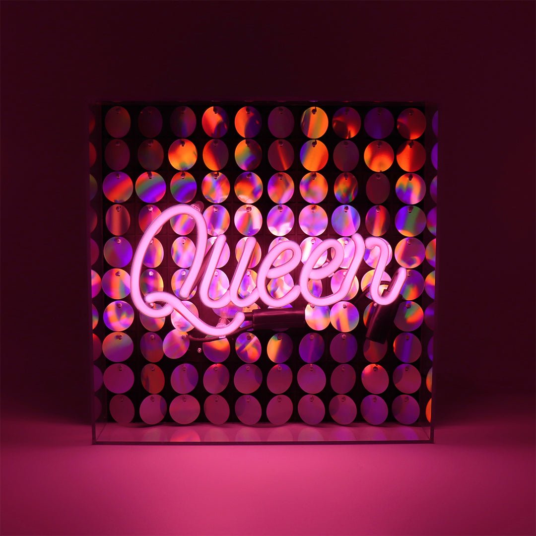 Queen Glass Neon Sign with Sequins product image shown in a home or gift setting