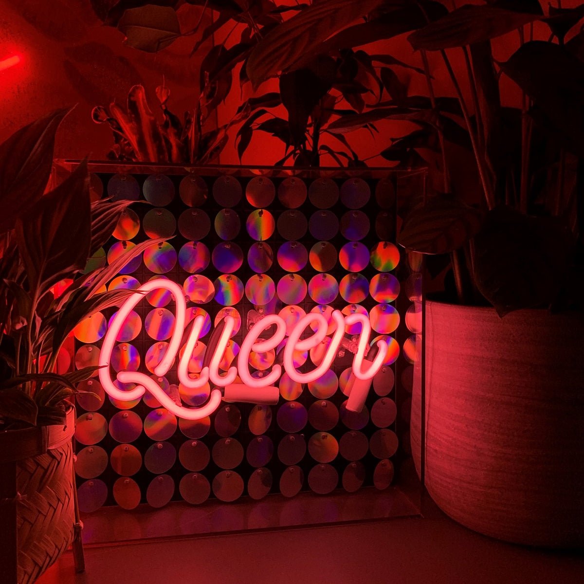 Queen Glass Neon Sign with Sequins product image shown in a home or gift setting