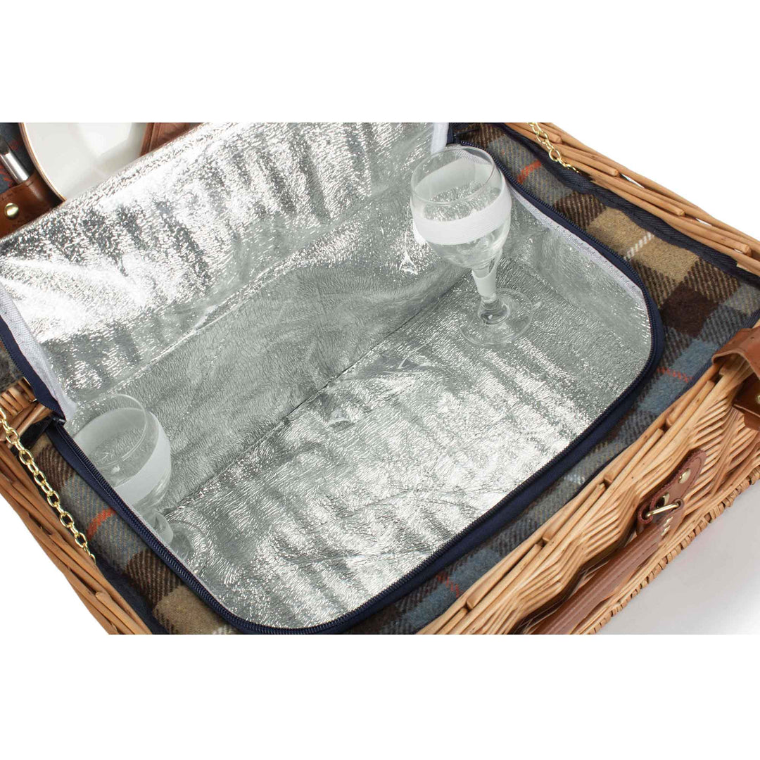 Ravenstor 2-person fitted picnic hamper made from natural wicker with tartan lining cooler bag