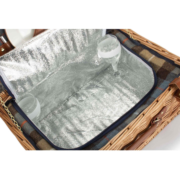 Ravenstor 2-person fitted picnic hamper made from natural wicker with tartan lining cooler bag