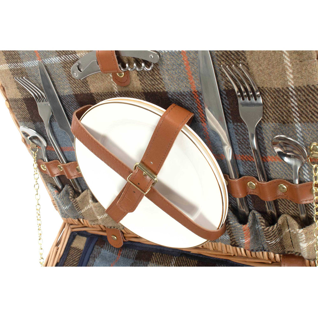 Ravenstor 2-person fitted picnic hamper made from natural wicker with tartan lining  showing plates and cutlery 