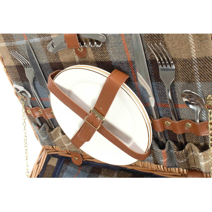 Ravenstor 2-person fitted picnic hamper made from natural wicker with tartan lining  showing plates and cutlery 