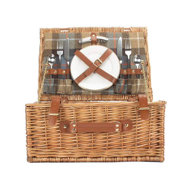 Ravenstor 2-person fitted picnic hamper made from natural wicker with tartan lining