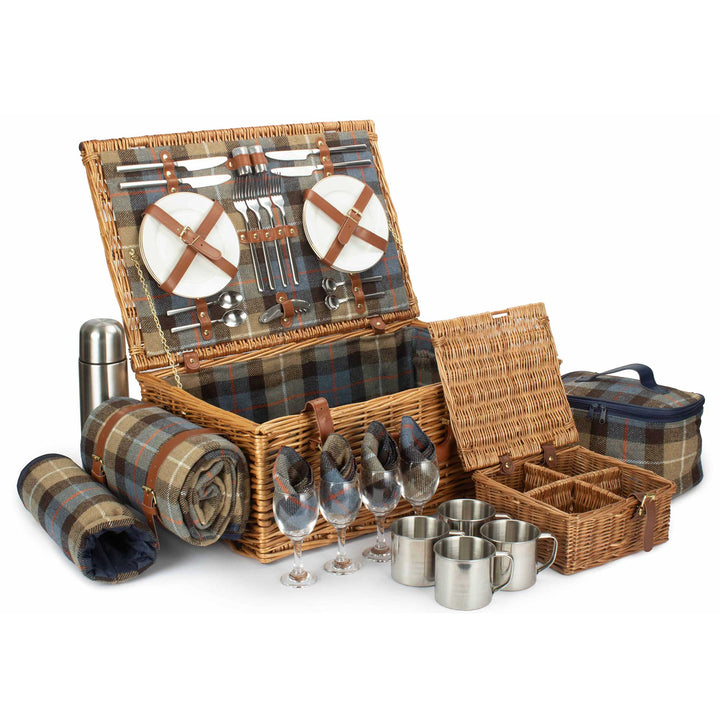 Deluxe 4 Person Ravenstor fully fitted picnic hamper with beige and blue tartan lining and real leather straps