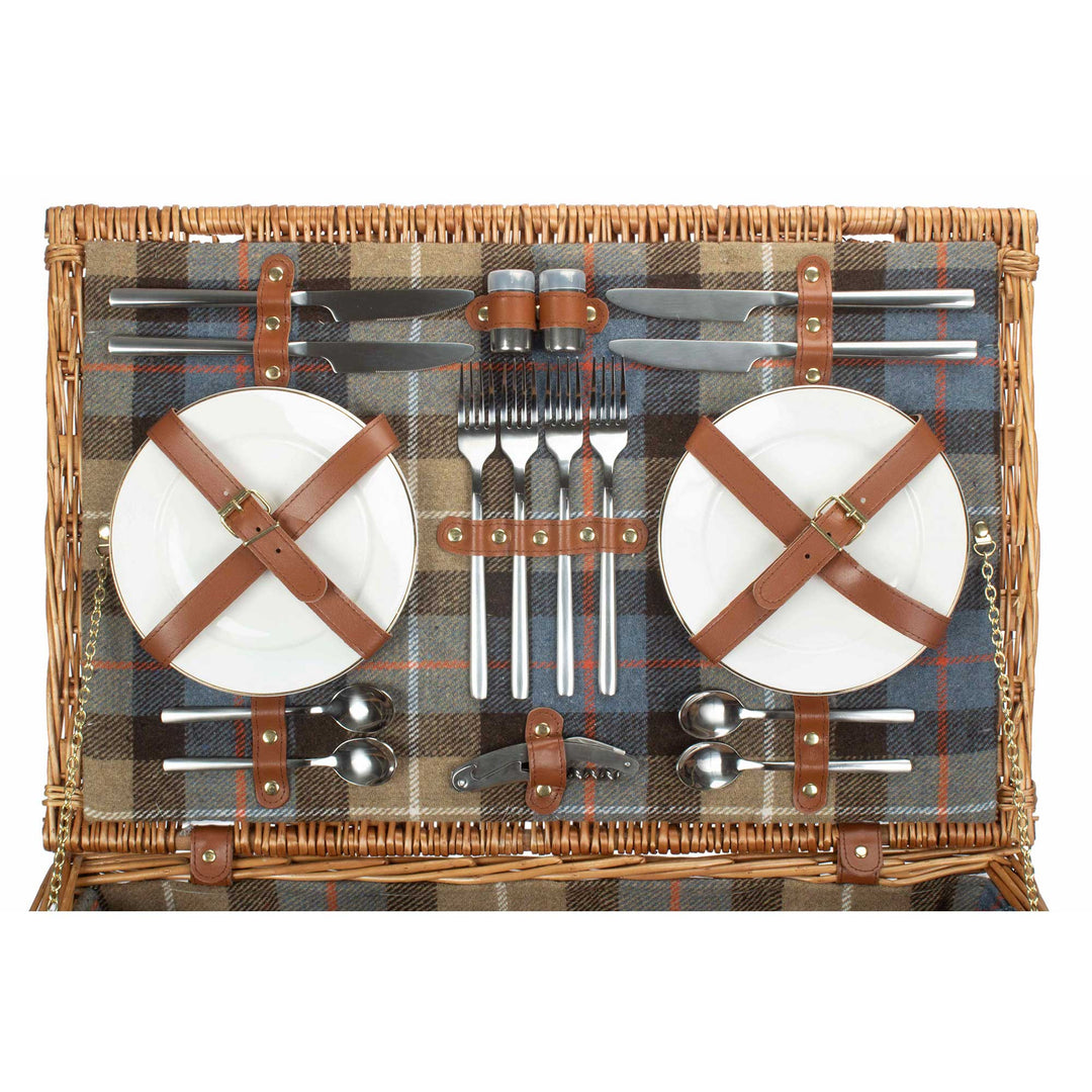 Deluxe 4 Person Ravenstor fully fitted picnic hamper with beige and blue tartan lining showing plates and cutlery