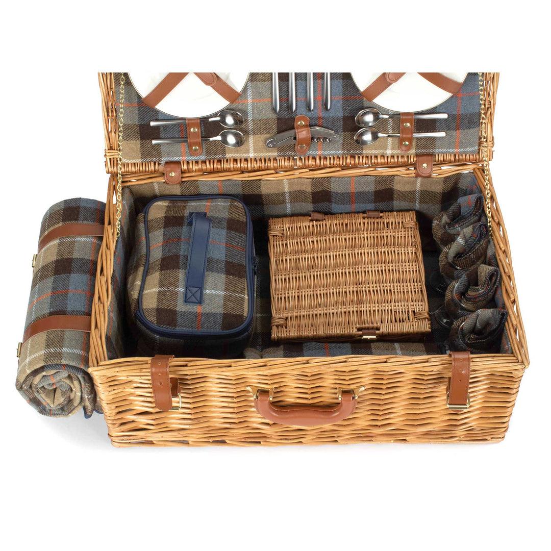 Deluxe 4 Person Ravenstor fully fitted picnic hamper with beige and blue tartan lining and real leather straps