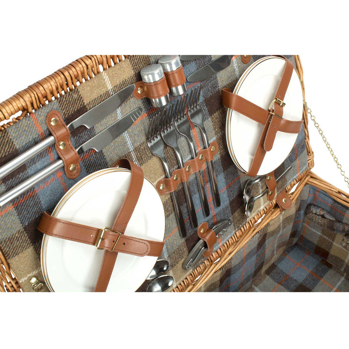 Deluxe 4 Person Ravenstor fully fitted picnic hamper with beige and blue tartan lining and real leather straps
