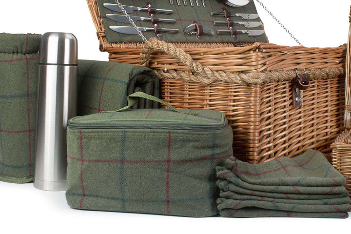 Luxurious Fully Fitted 6 Person Picnic Hamper | Deluxe Green Tweed Basket with Rope Handles