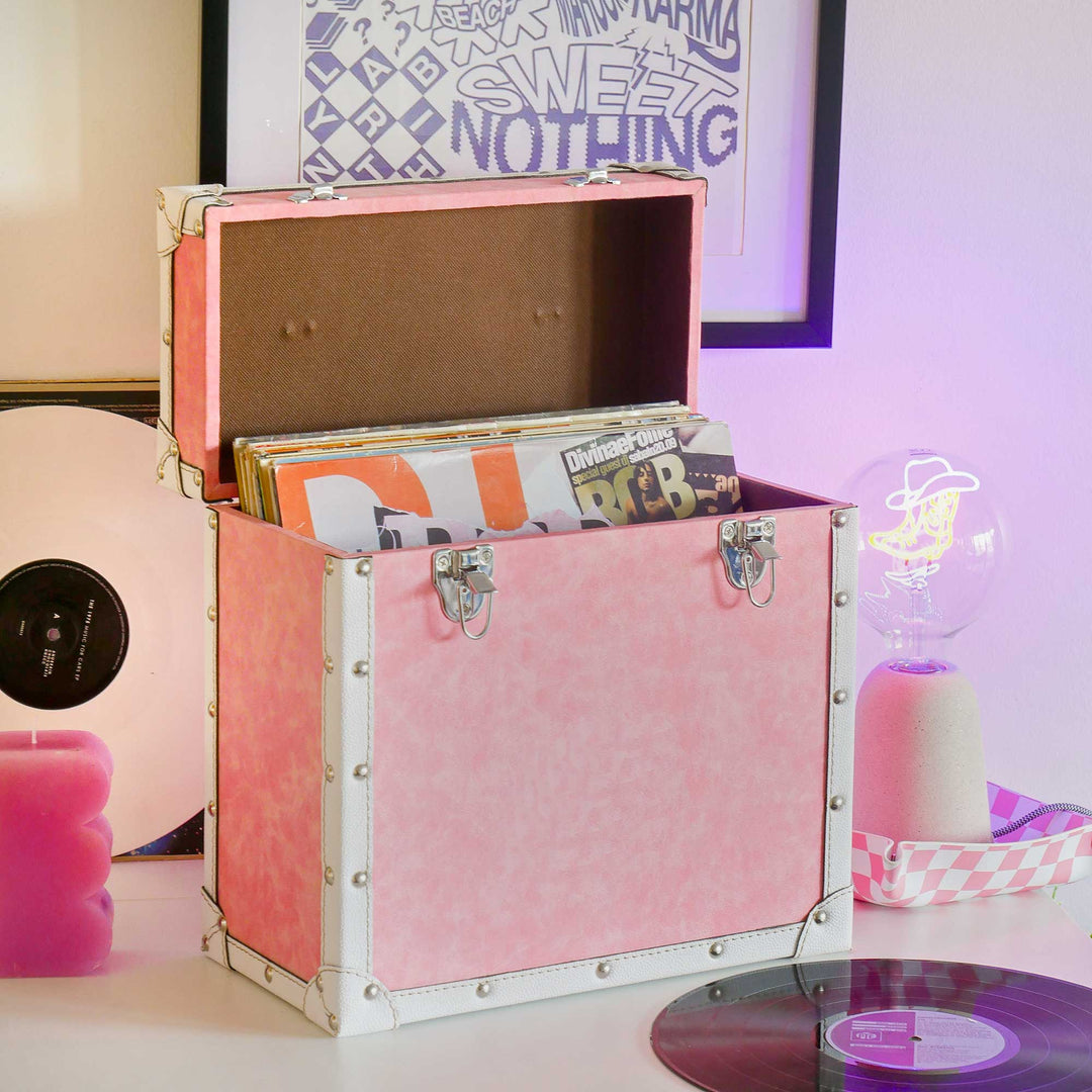 Steepletone 12 inch pink and white faux leather vinyl record storage box with reinforced corners and carry handle