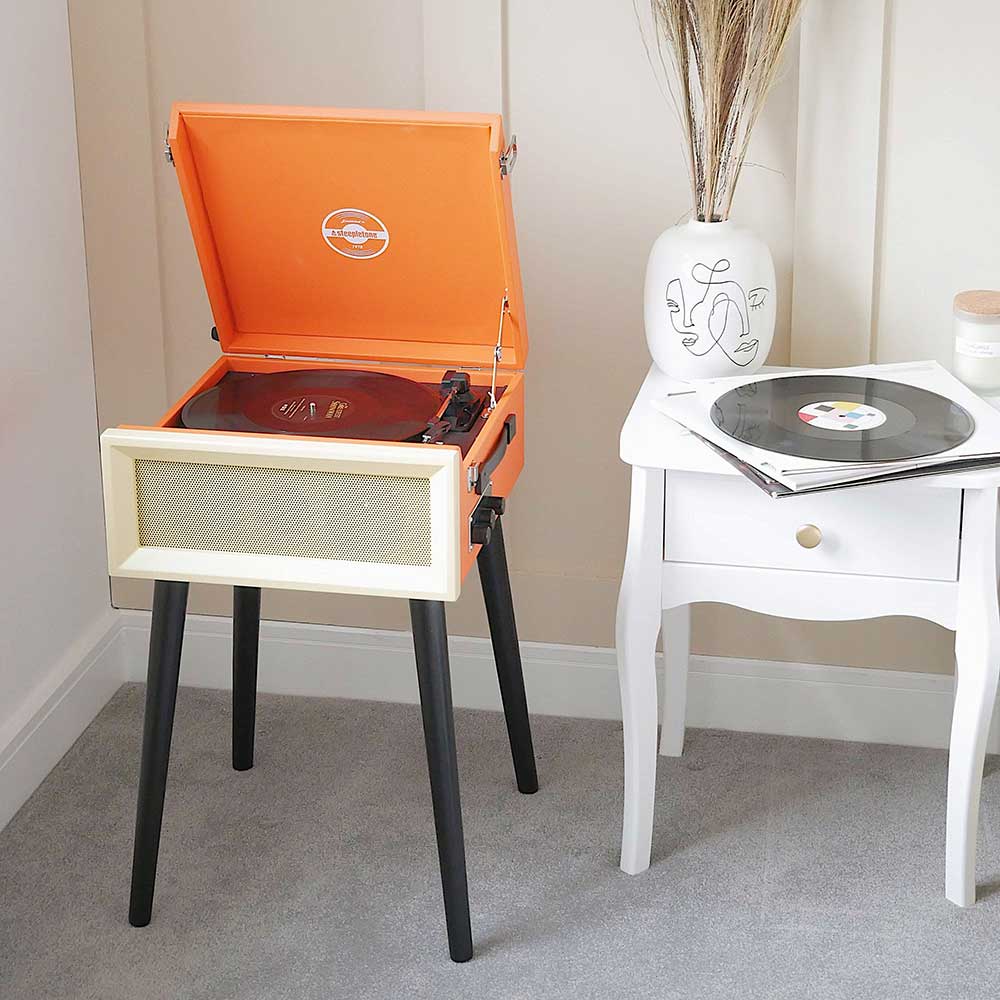 Steepletone Original SRP1R-XP Orange Vinyl Record Player on Legs with Bluetooth Playback