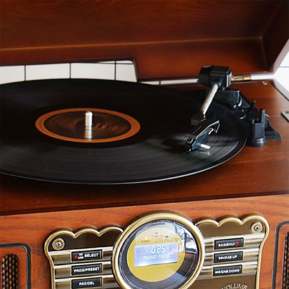 Steepletone Westminster music centre turntable under open lid