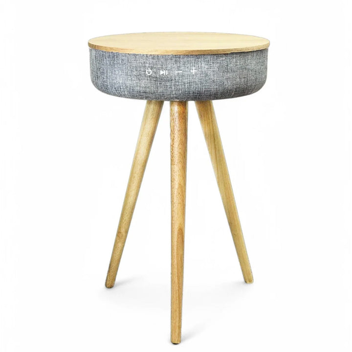 Tabblue Bluetooth Surround Surround Table Speaker in light beech wood finish showing built-in speaker grill on white background.