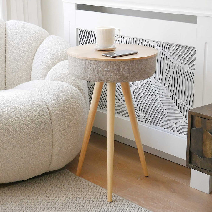 Tabblue Bluetooth Surround Surround Table Speaker in light beech wood finish showing built-in speaker grill