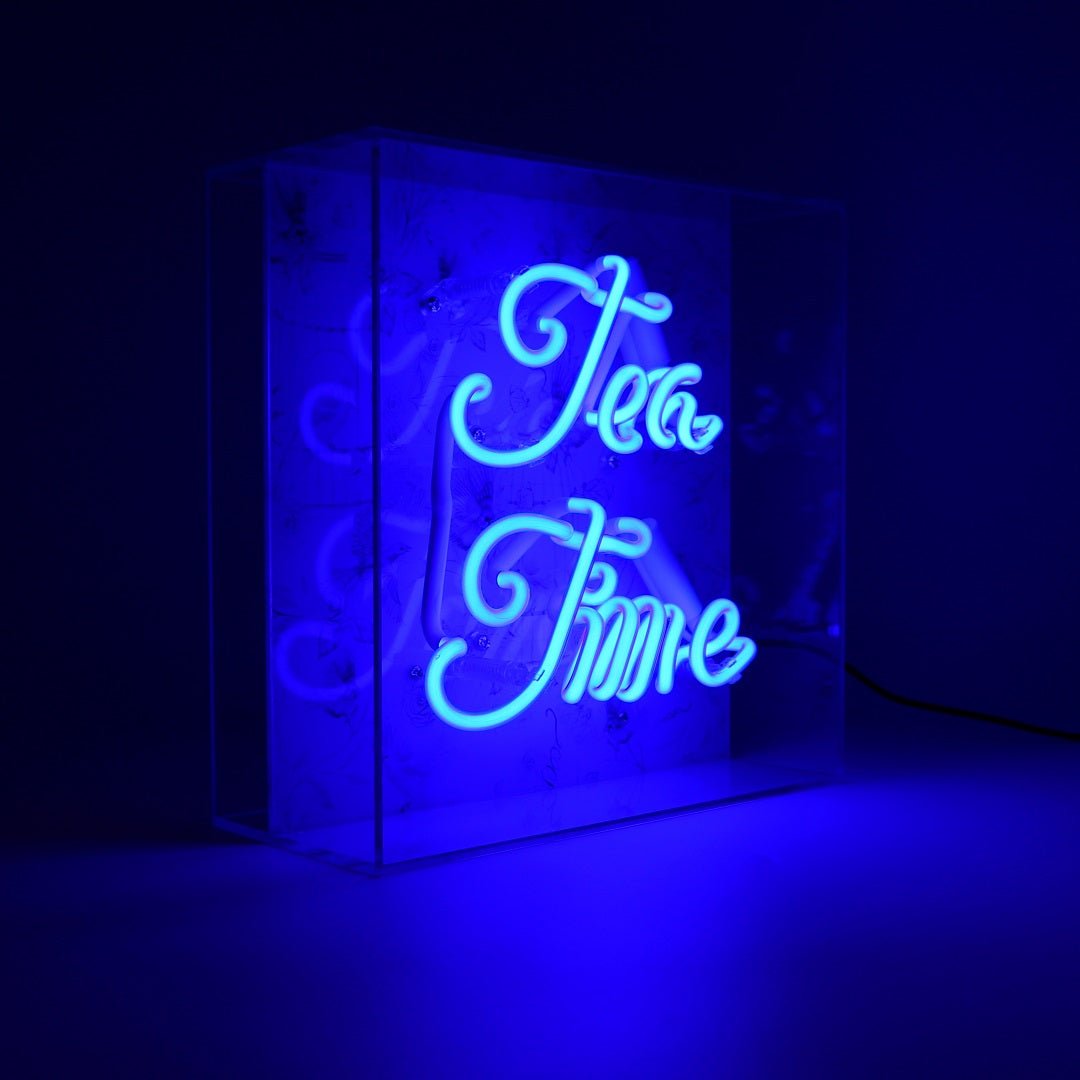 Tea Time Glass neon Sign   Blue product image shown in a home or gift setting