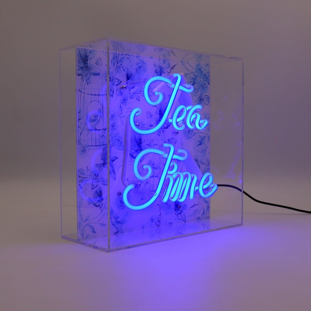 Tea Time Glass neon Sign   Blue product image shown in a home or gift setting